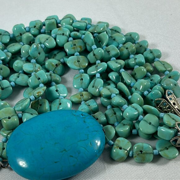 Faux Turquoise 4 Tier Oval Pendant Necklace Chippy Statement Silver Tone 16-19" - Picture 7 of 12